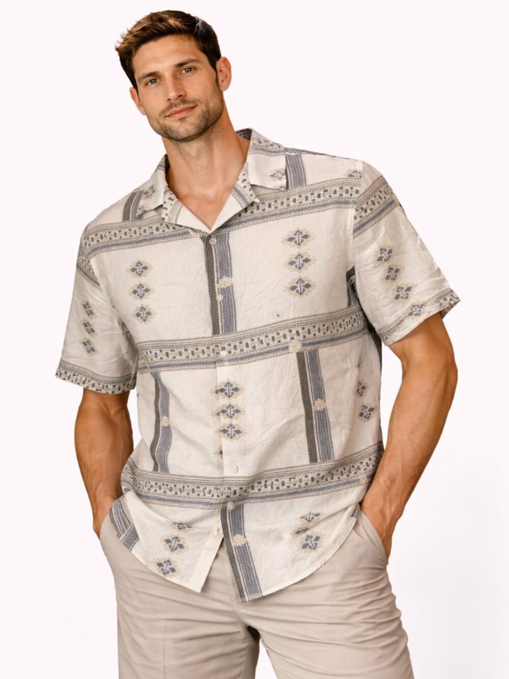 Express Men’s ButtonUp Geometric Tribal Short Sleeve Shirt - Size Large- NWT $68